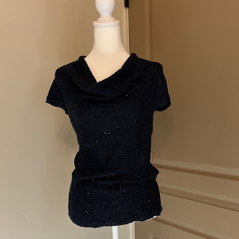 INC International Concepts Navy Shimmer Cowl Neck Sweater